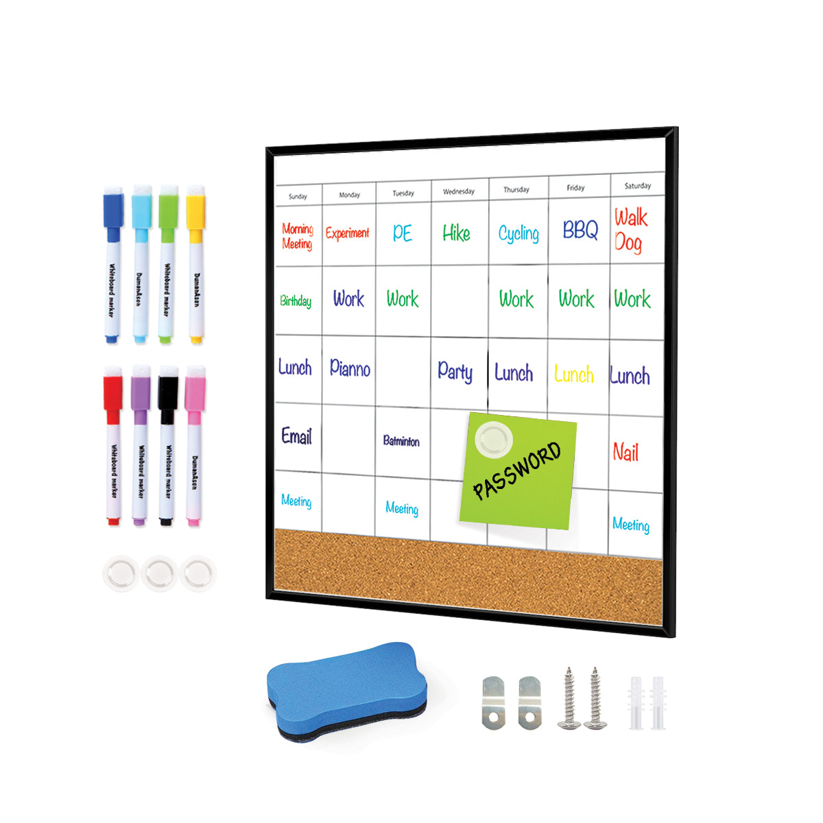 BOSFINO Monthly Calendar Dry Erase Whiteboard for Wall, 16"x16" Magnetic Board/Cork Board, Combination Board for Home, School, Office, Aluminum Frame