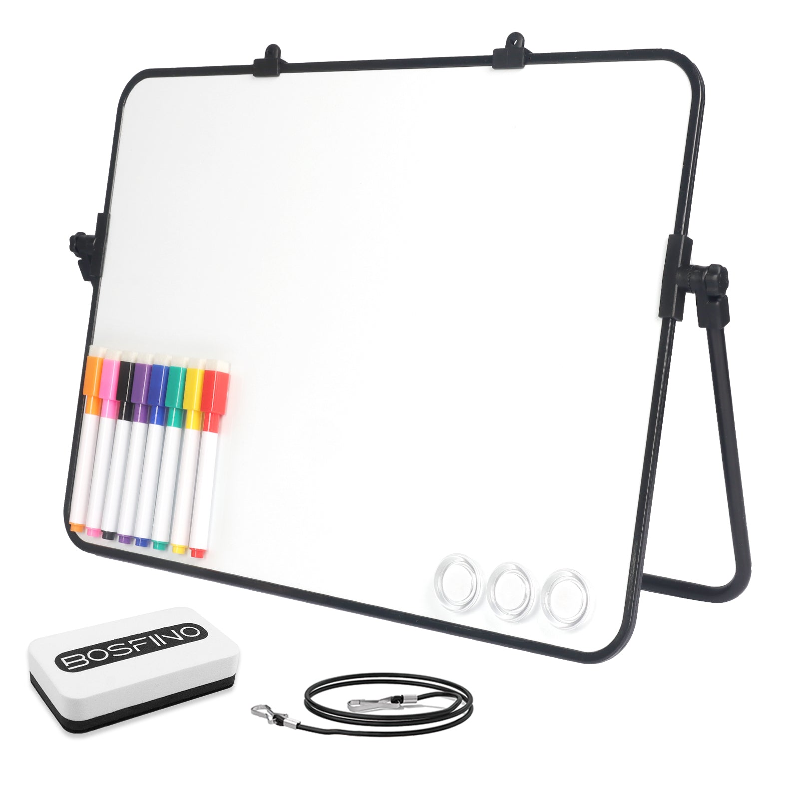 BOSFINO Dry Erase Small Whiteboard A3 with Non-Slip Stand, 30 x 40 cm Double Sided Magnetic Desktop White Board with 8 Pens