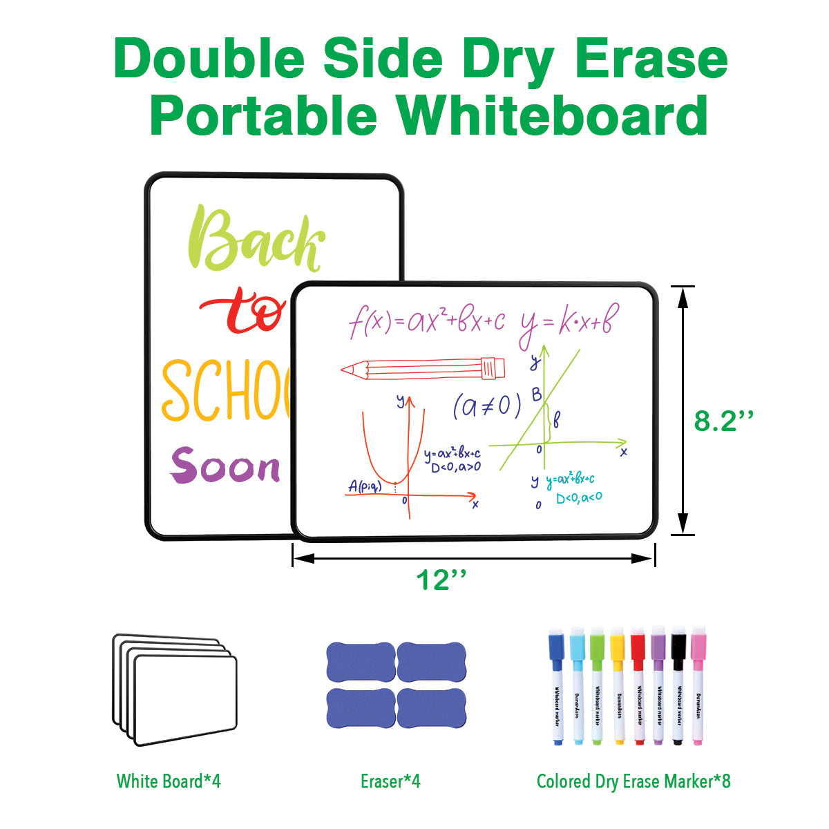 BOSFINO 4 Pack Double Sided White Board with Dry Erase Pens and Eraser for Children or School, Home, Office, Remote Learning (4 Pack Black, 30cm*21cm)