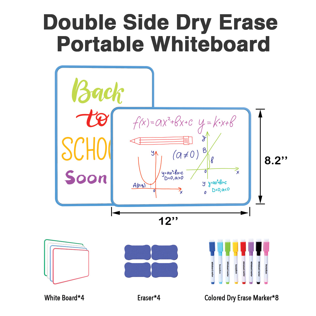 Dry Erase Whiteboard, BOSFINO 4 Pack Double Sided White Board with Dry Erase Pens and Eraser for Children or School, Home, Office, Remote Learning (Blue, Pink, White, Green - 30cm*21cm)