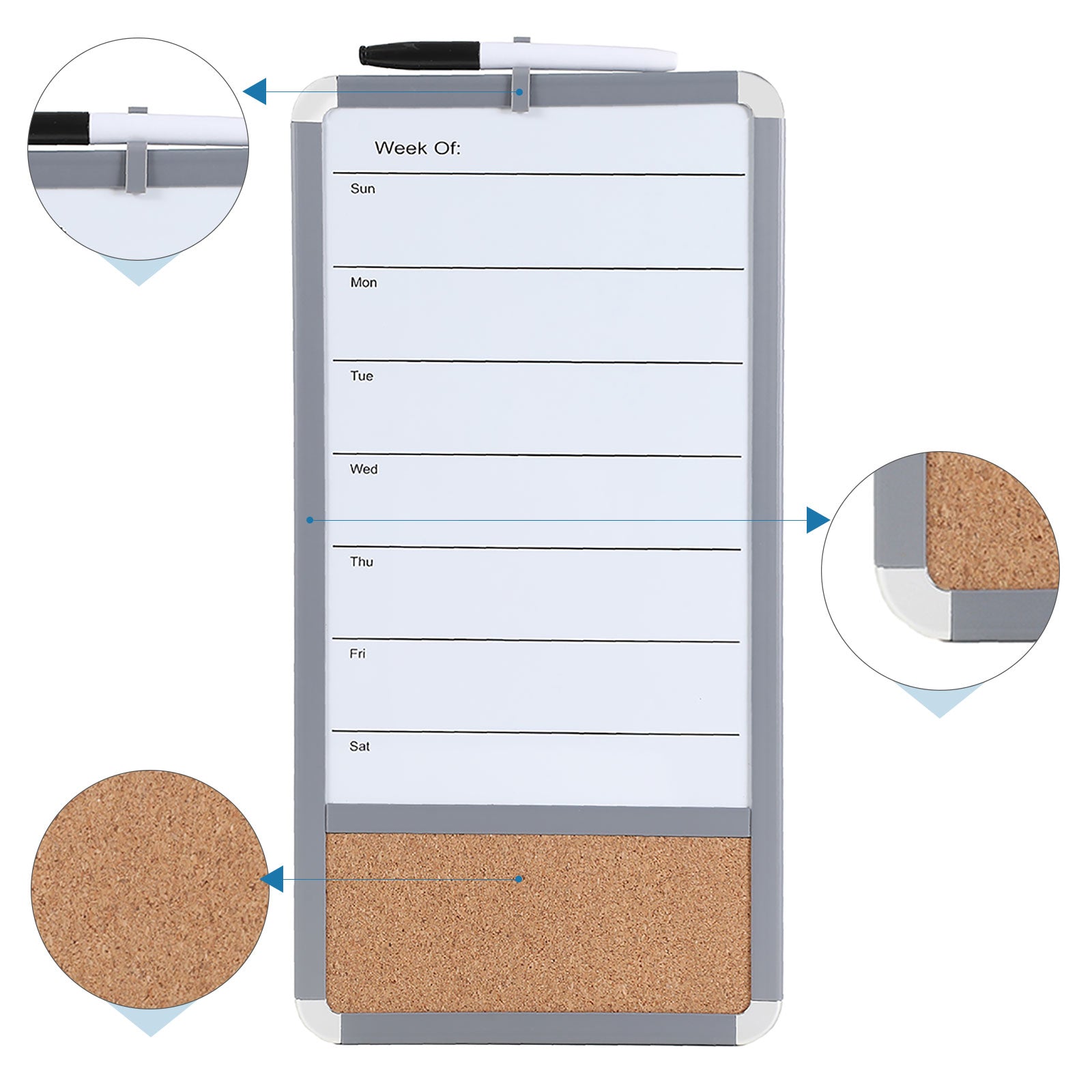 BOSFINO Weekly Planner Dry Erase Whiteboard for Fridge, 17"x9" Magnetic Cork Board/Combination Board for Wall, Suitable for Home, School, Office