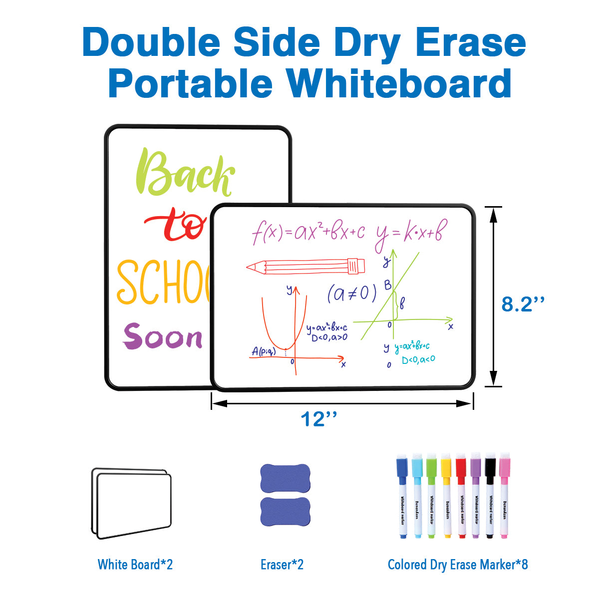 Dry Erase Whiteboard, BOSFINO Double Sided White Board with Dry Erase Pens and Eraser, Lapboard for Children (12x8inch(30x21cm), Black 2 Pack)