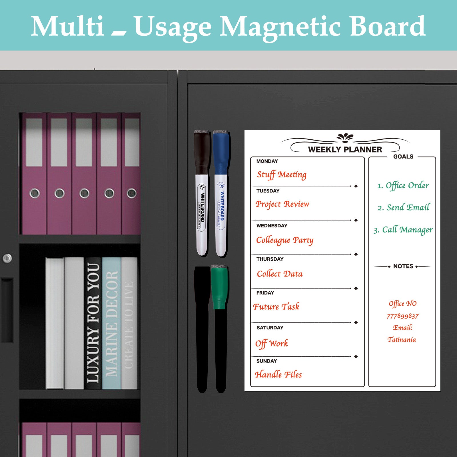 Meal Planner, Weekly Planner, Magnetic Dry Erase Planner for Fridge, 16" x 12", Includes 8 Dry Erase Colorful Markers (White)