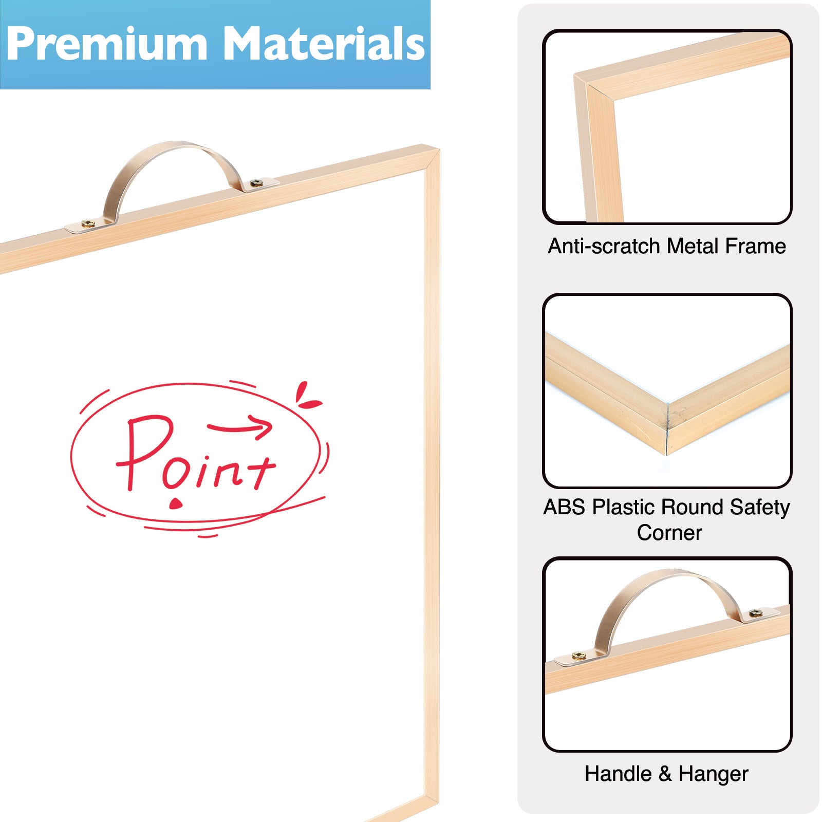 BOSFINO Double-Sided Magnetic Dry Erase Board with a Handle, Gold Aluminum Framed Whiteboard, Portable whiteboard for to Do List, Drawing, School, Home, Office (30cm x 40cm, Gold)