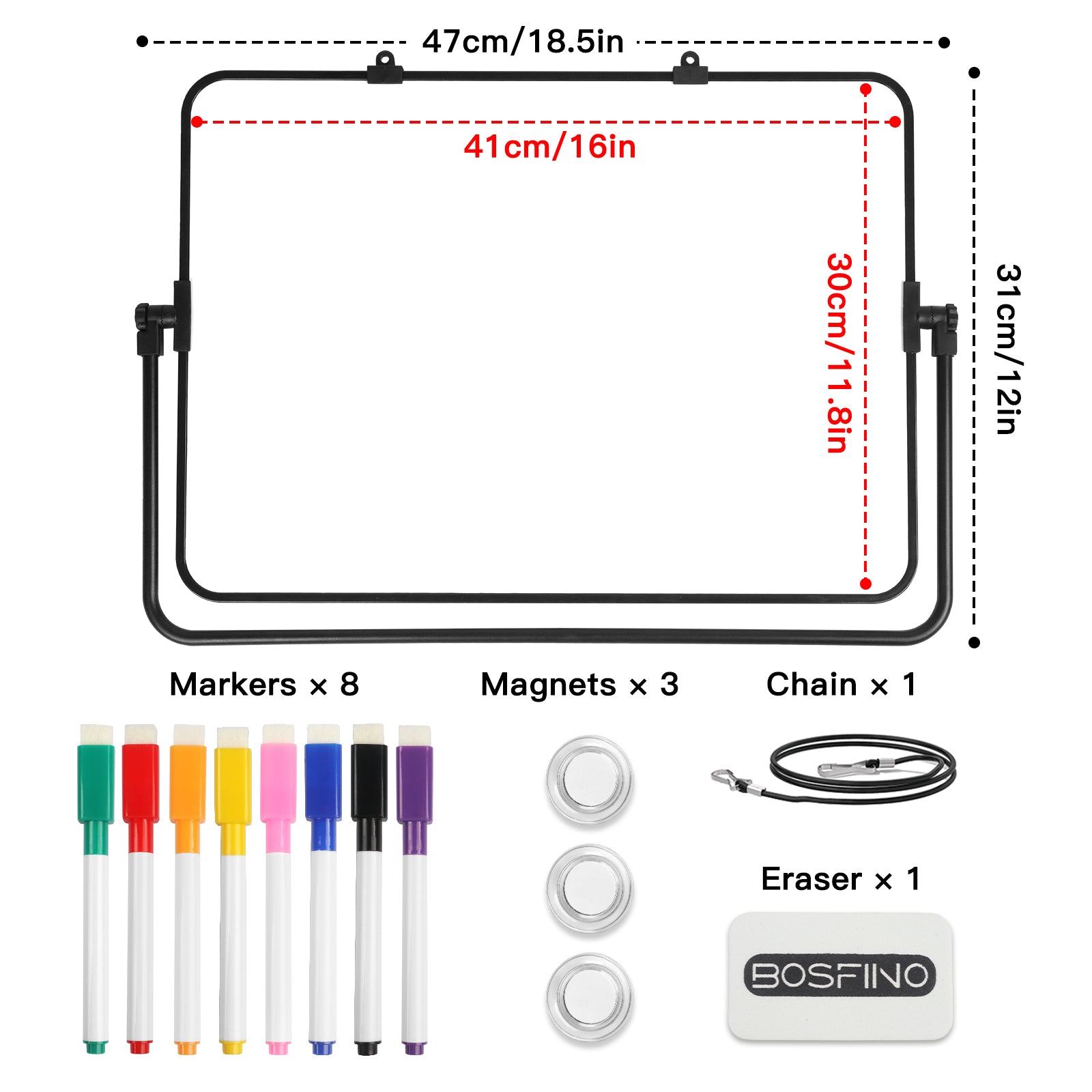 BOSFINO Dry Erase Small Whiteboard A3 with Non-Slip Stand, 30 x 40 cm Double Sided Magnetic Desktop White Board with 8 Pens