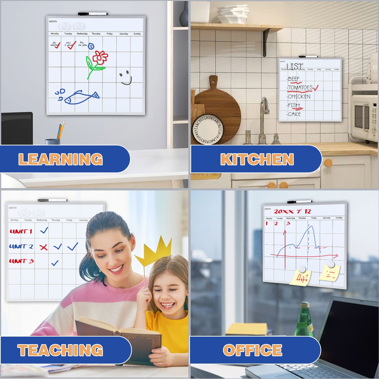 Monthly Calendar Board, Dry Erase Whiteboard, Magnetic Hanging Whiteboard, Portable White Board,Suitable for Home, School,Office, Aluminum Frame(15"x15" inch)