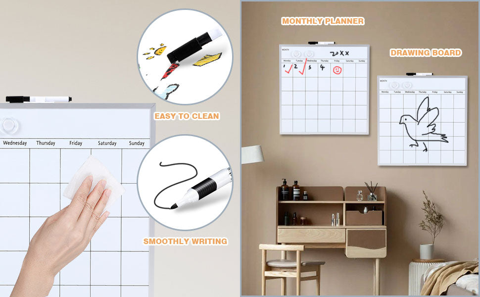 Monthly Calendar Board, Dry Erase Whiteboard, Magnetic Hanging Whiteboard, Portable White Board,Suitable for Home, School,Office, Aluminum Frame(15"x15" inch)