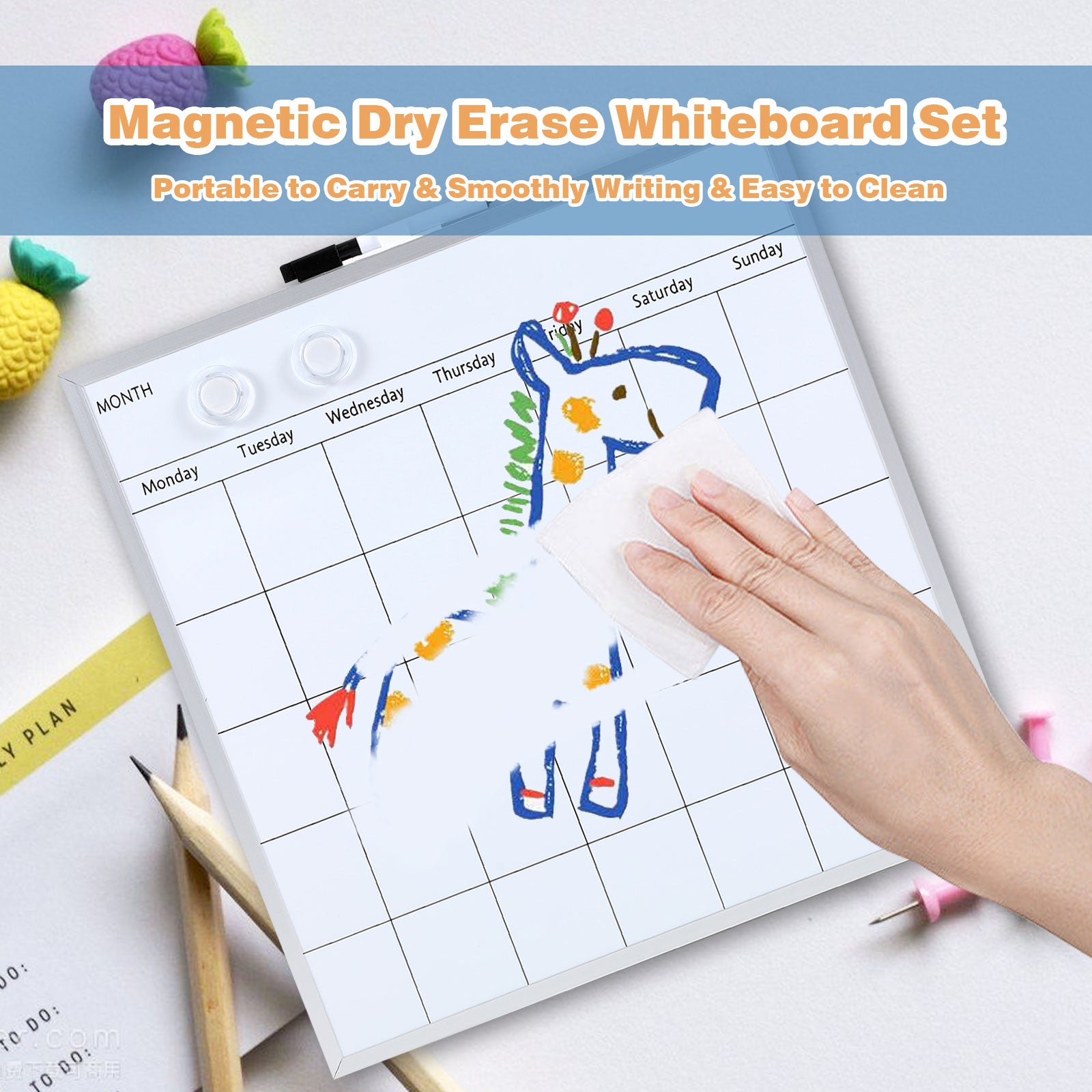 Monthly Calendar Board, Dry Erase Whiteboard, Magnetic Hanging Whiteboard, Portable White Board,Suitable for Home, School,Office, Aluminum Frame(15"x15" inch)