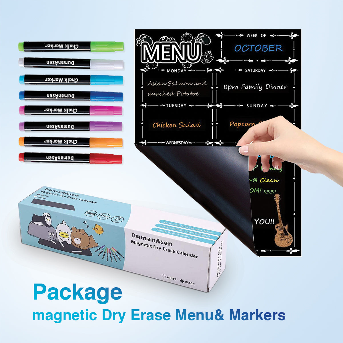 BOSFINO Magnetic Fridge Calendar, Meal Planner, Dry Eraser Weekly Menu Board - 16" x 12" inches - Includes 8 Colourful Pens