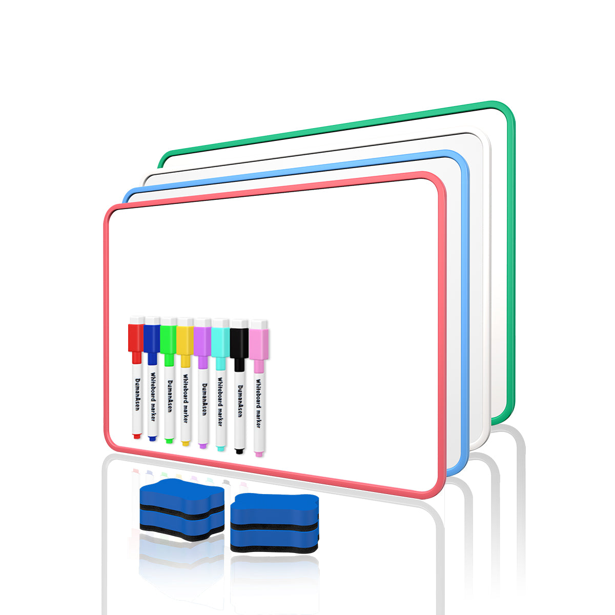 Dry Erase Whiteboard, BOSFINO 4 Pack Double Sided White Board with Dry Erase Pens and Eraser for Children or School, Home, Office, Remote Learning (Blue, Pink, White, Green - 30cm*21cm)