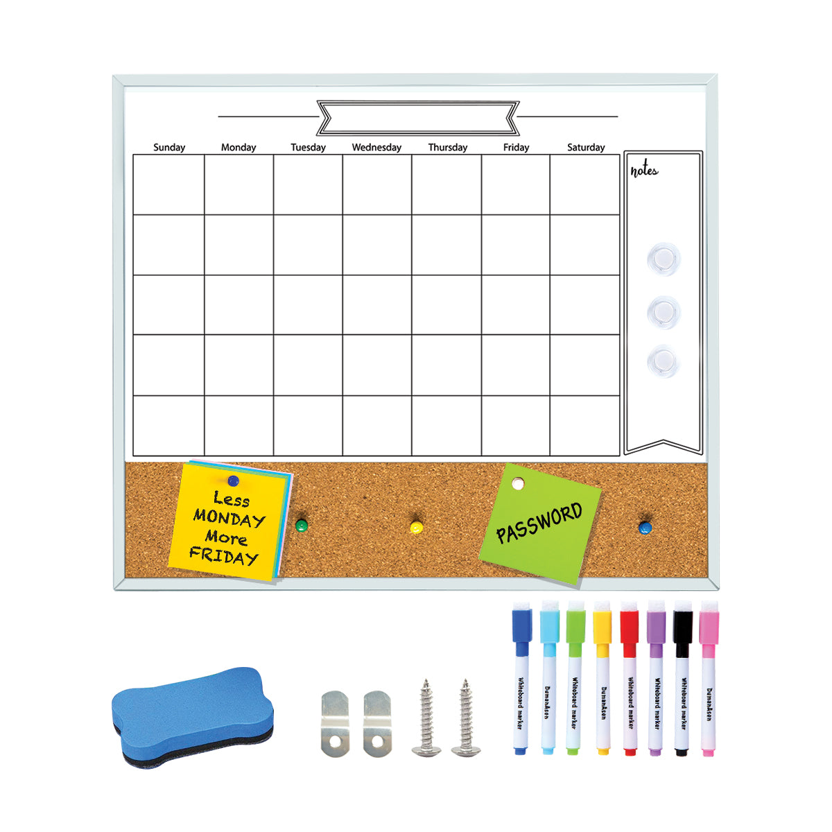 BOSFINO Monthly Calendar Dry Erase Whiteboard for Wall, 17.7"x20.8" Magnetic Board/Cork Board, Combination Board for Home, School, Office, Aluminum Frame