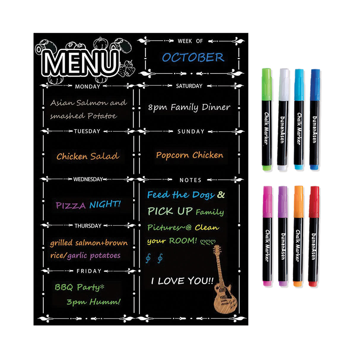 BOSFINO Magnetic Fridge Calendar, Meal Planner, Dry Eraser Weekly Menu Board - 16" x 12" inches - Includes 8 Colourful Pens