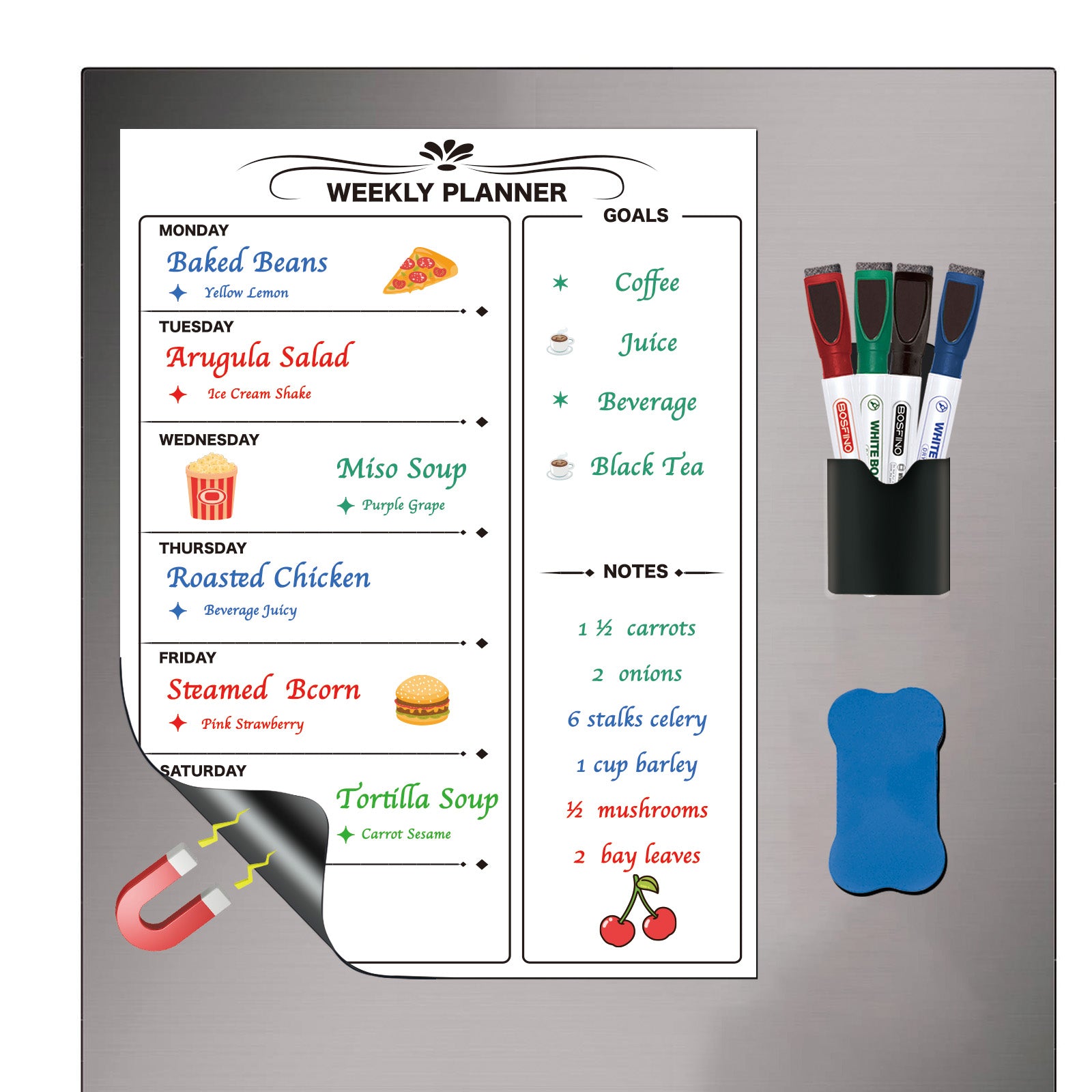 Meal Planner, Weekly Planner, Magnetic Dry Erase Planner for Fridge, 16" x 12", Includes 8 Dry Erase Colorful Markers (White)