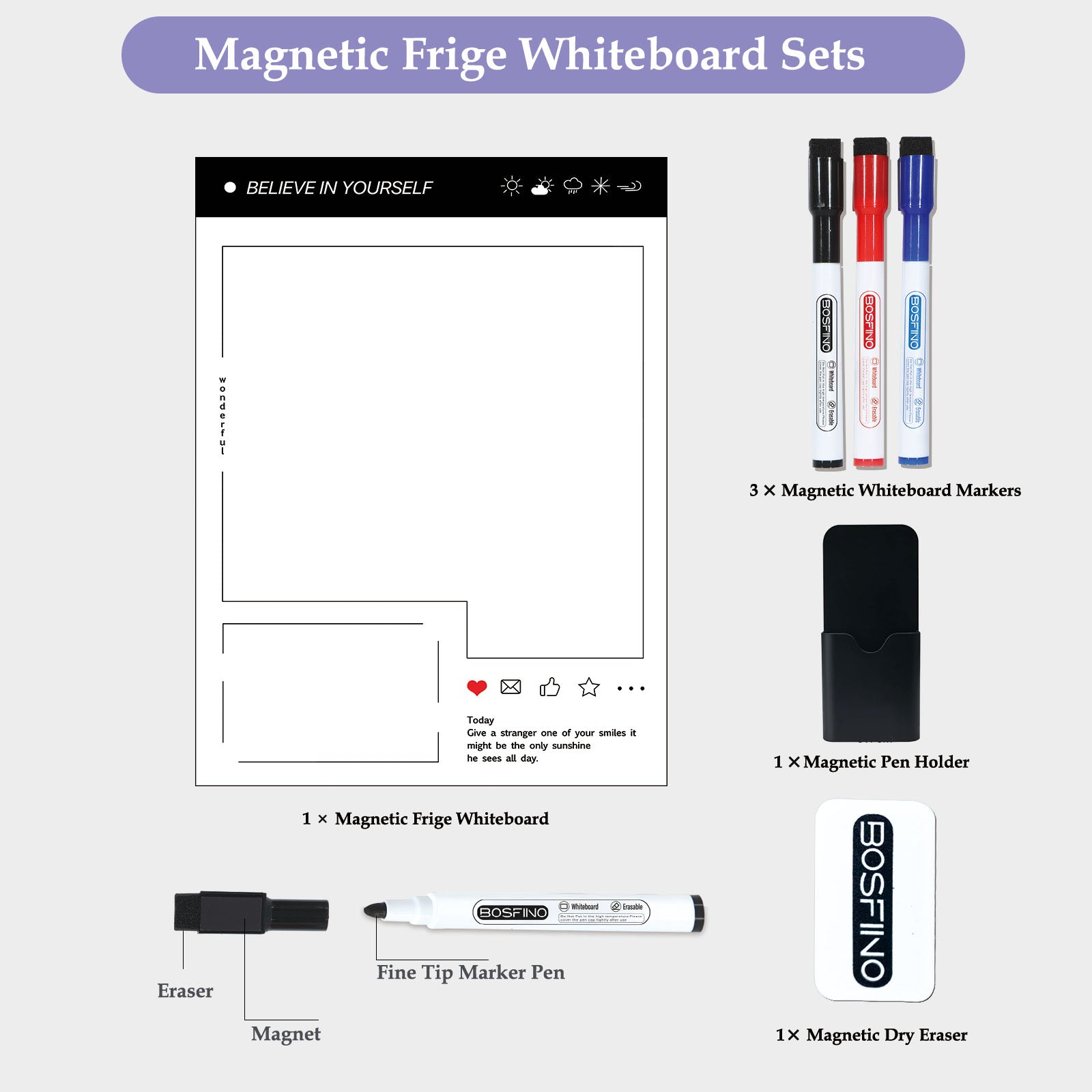 Dry Erase Whiteboard for Fridge, Magnetic Whiteboard Sheet for Refrigerator, Meal Planner/Grocery List/Teaching Assignments for Home, Kitchen 16" x 12" (New Desgin)