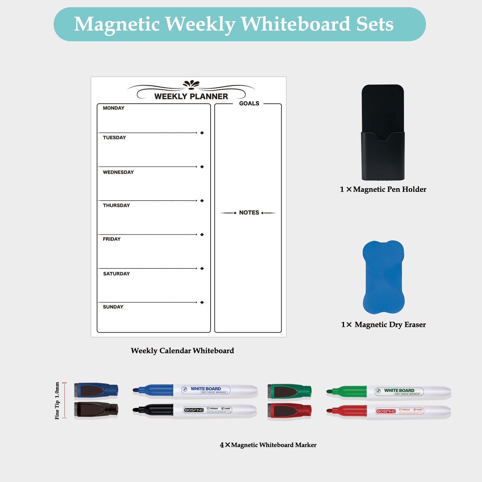 Meal Planner, Weekly Planner, Magnetic Dry Erase Planner for Fridge, 16" x 12", Includes 8 Dry Erase Colorful Markers (White)