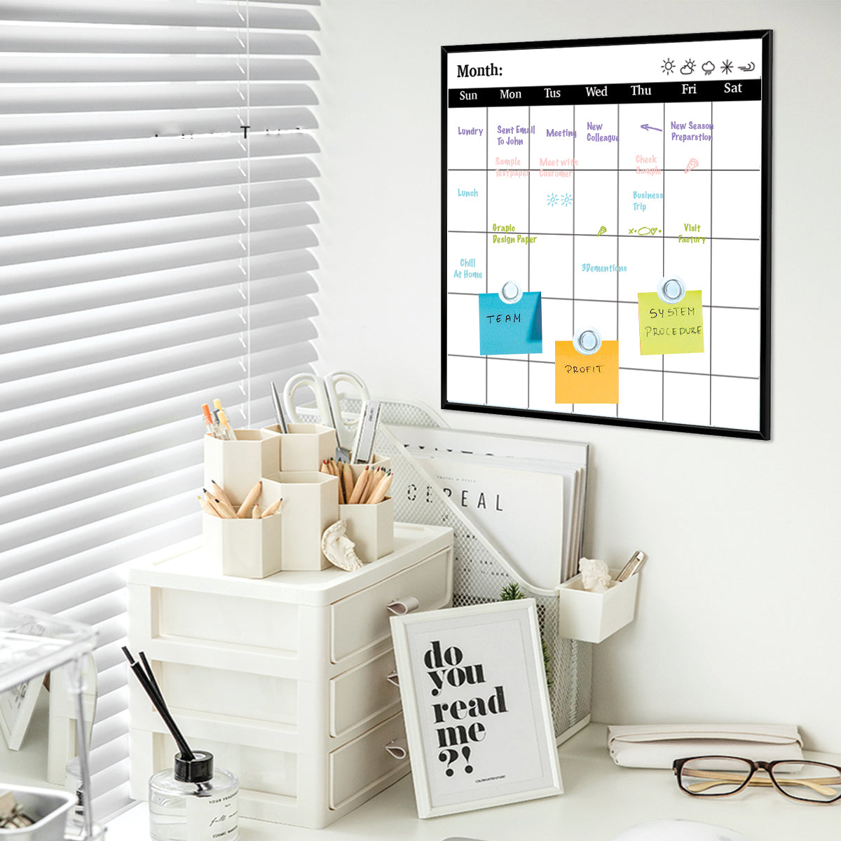 BOSFINO Monthly Calendar Dry Erase Whiteboard for Wall, 16"x16" Magnetic Haing Board with Black Aluminum Frame, Perfect for Home, School,Office