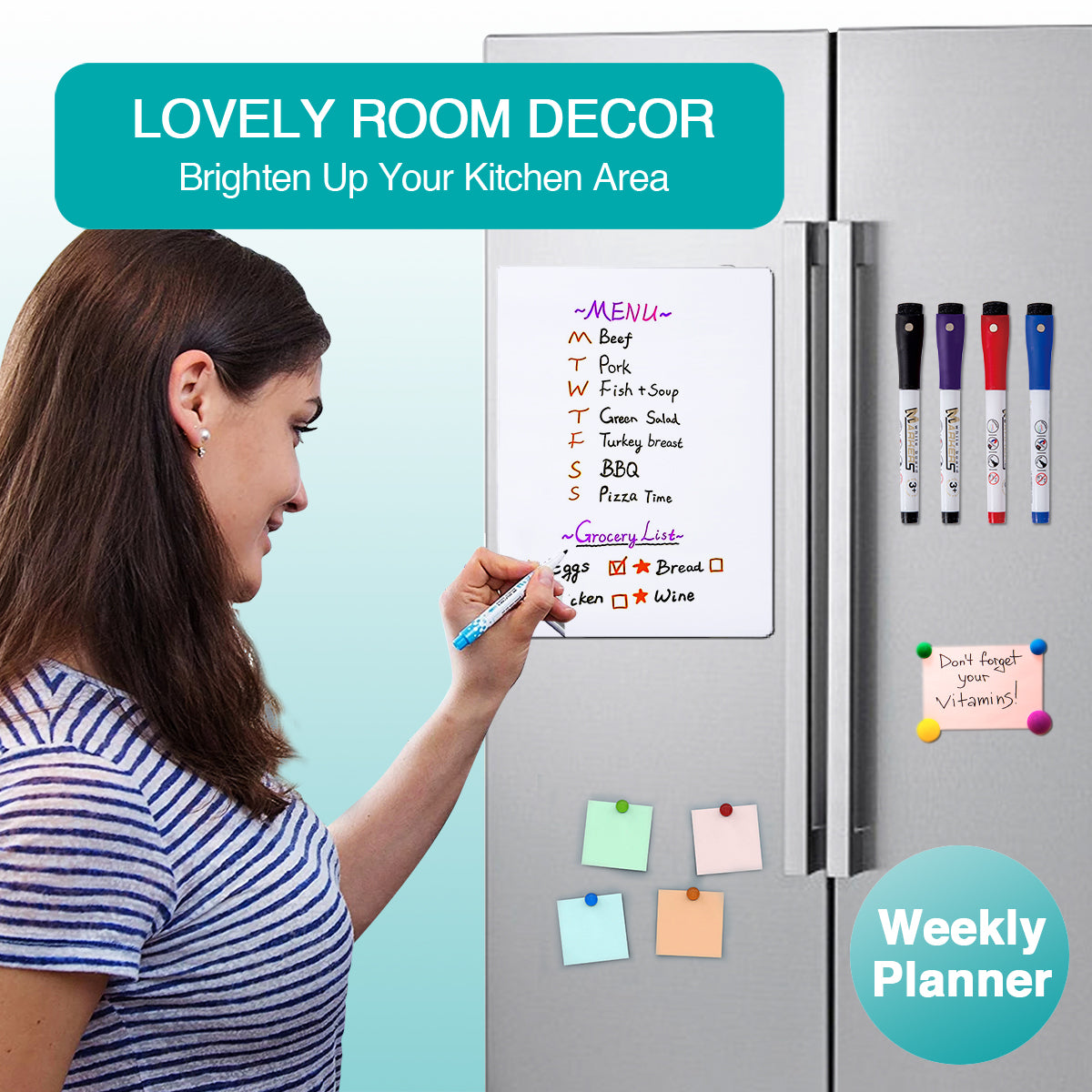 BOSFINO Magnetic Dry Erase Whiteboard for Fridge, 16" x 12" Menu Board/Meal Planner for Refrigerator, with Stain Resistant Technology, Include 4 Markers