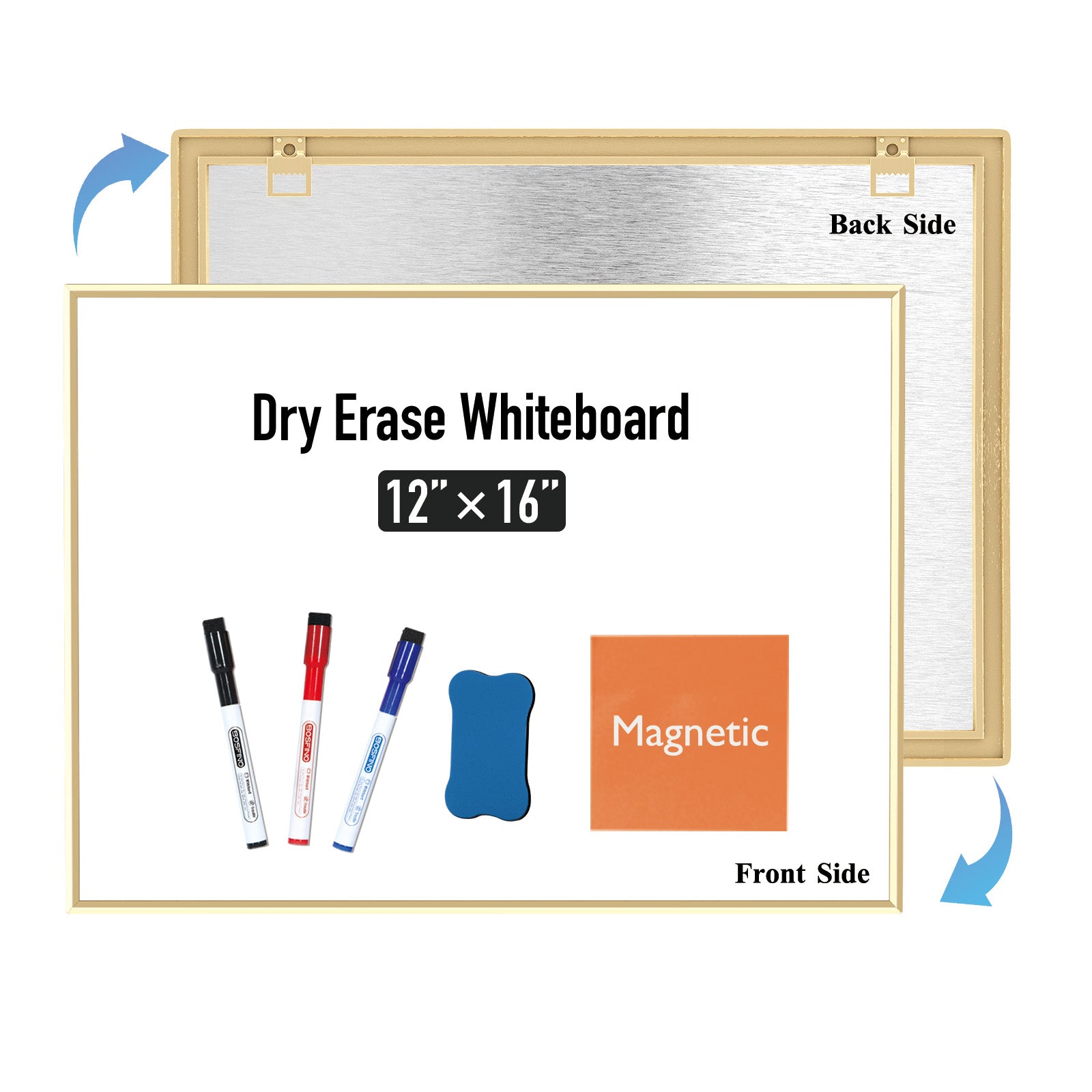 BOSFINO Double-Sided Magnetic Dry Erase Board with a Handle, Gold Aluminum Framed Whiteboard, Portable whiteboard for to Do List, Drawing, School, Home, Office (30cm x 40cm, Gold)