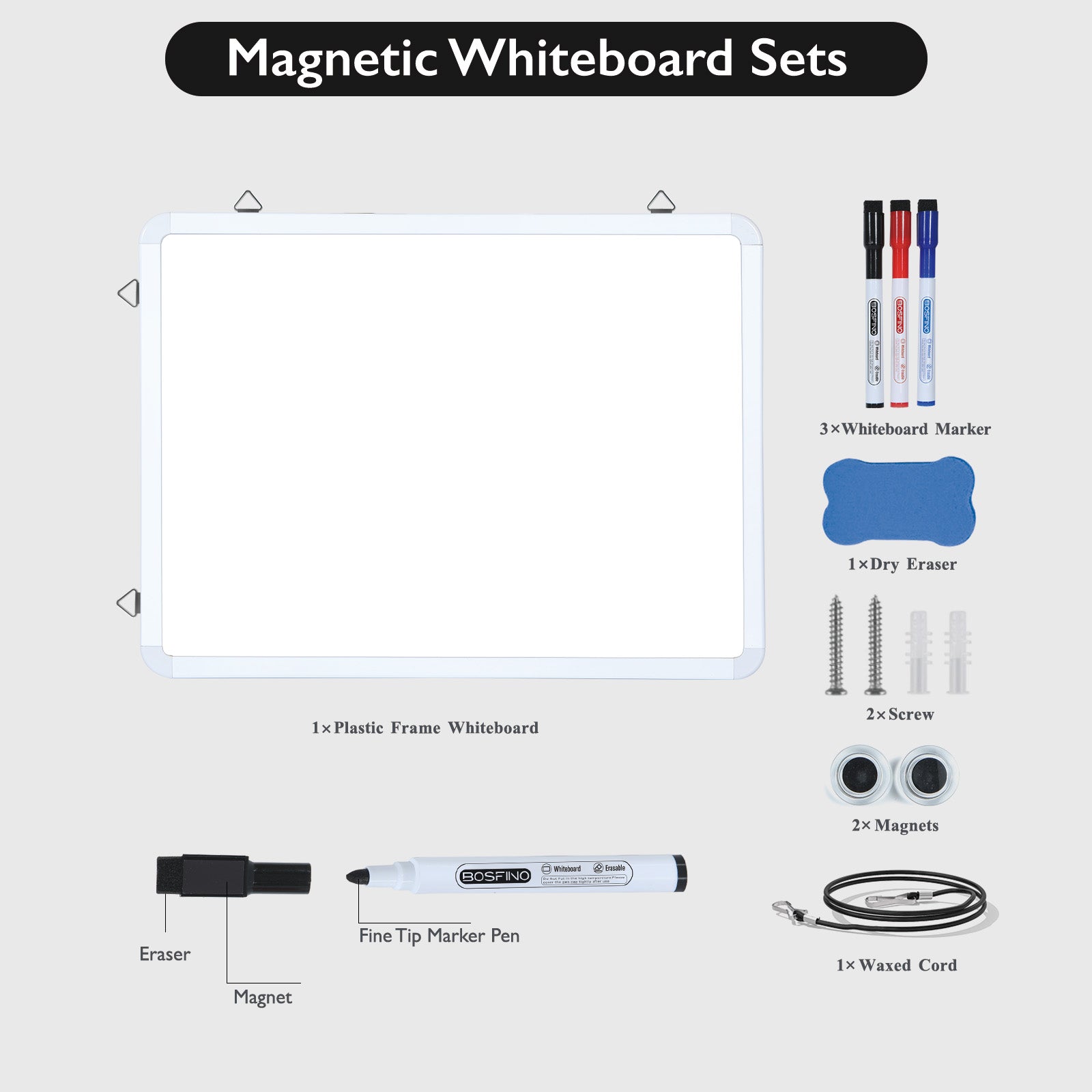 BOSFINO Dry Erase Whiteboard, A3 Size Magnetic White Board with 8 Marker, White Frame (40cm x 30cm)