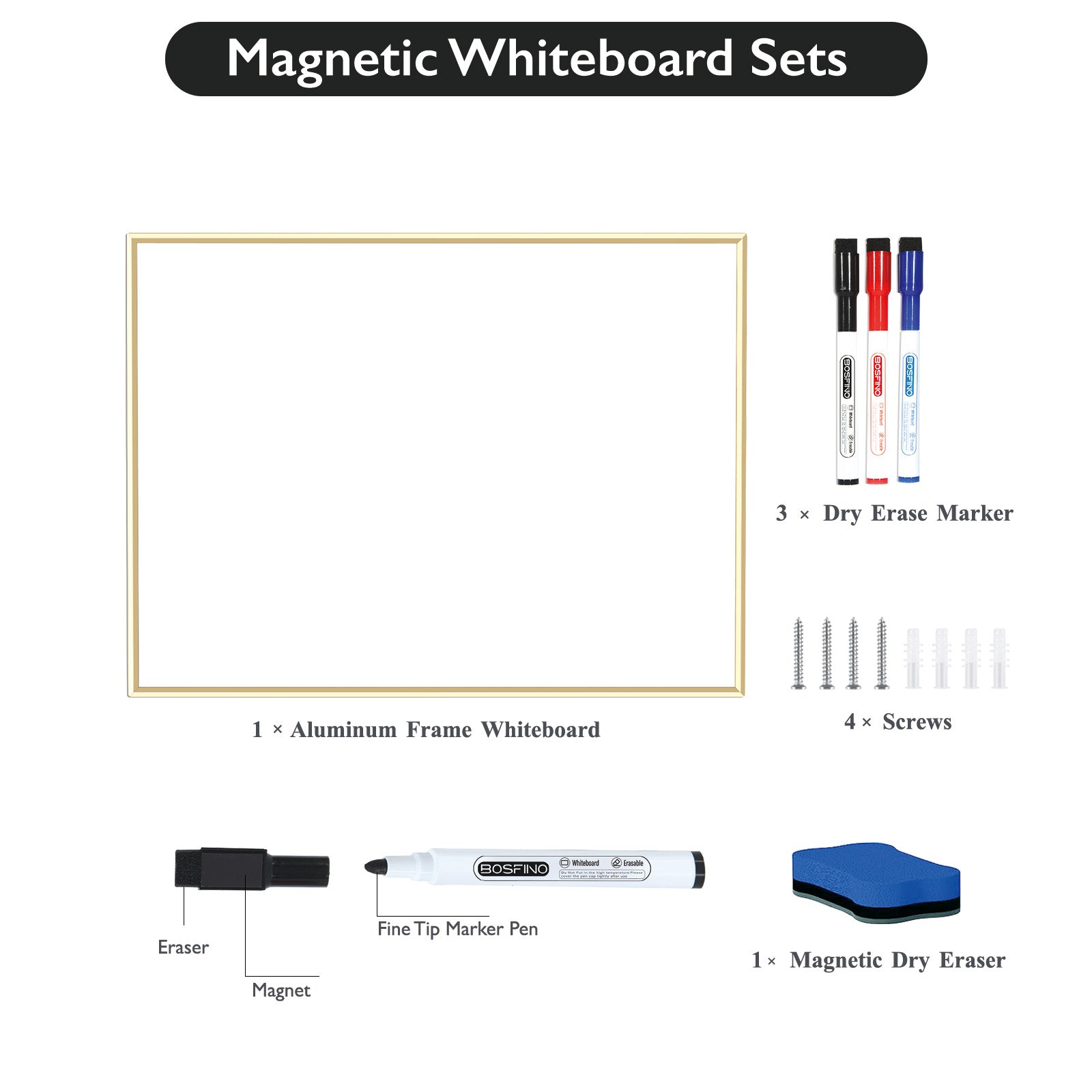 BOSFINO Double-Sided Magnetic Dry Erase Board with a Handle, Gold Aluminum Framed Whiteboard, Portable whiteboard for to Do List, Drawing, School, Home, Office (30cm x 40cm, Gold)