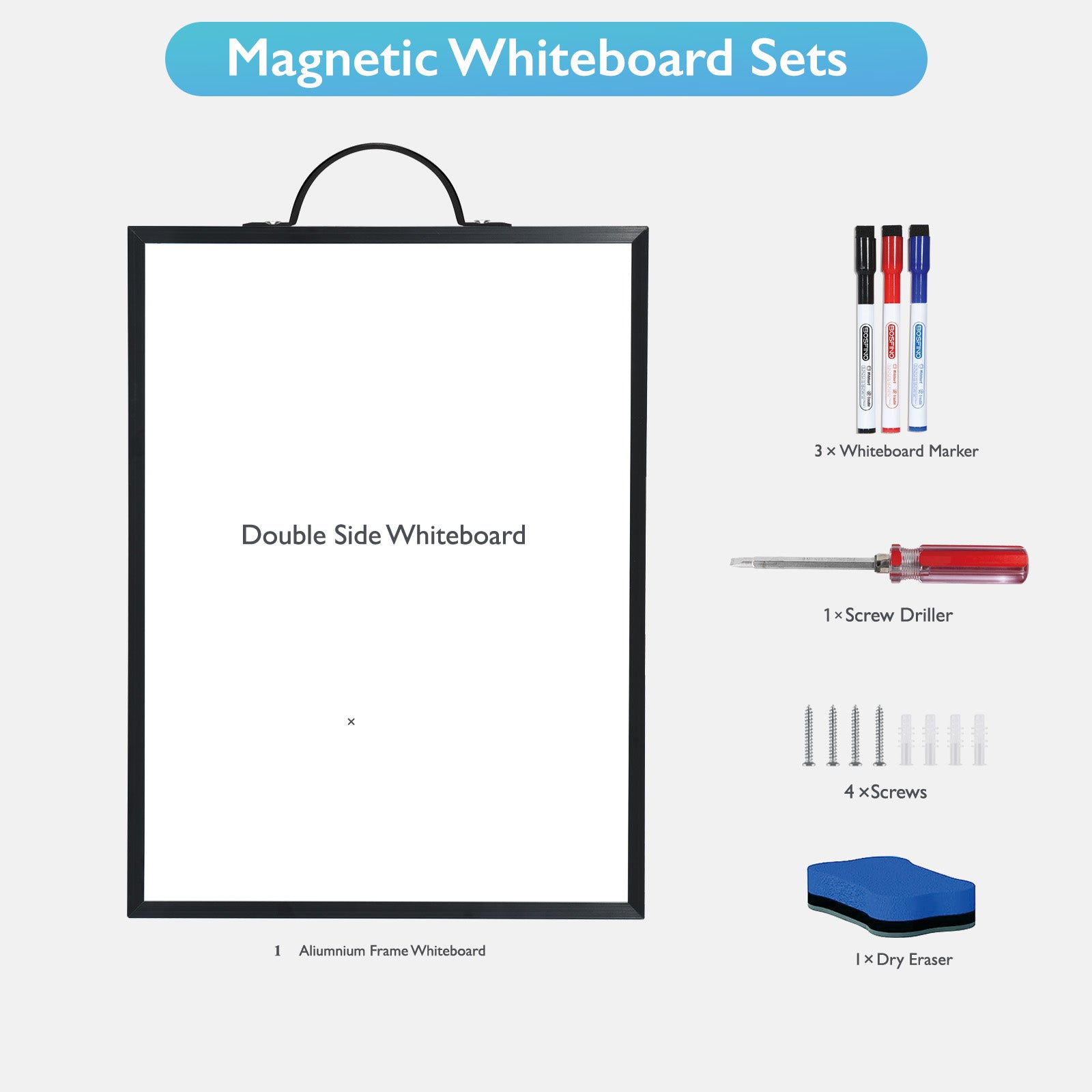 Double-Sided Magnetic Dry Erase Board with a Handle, Black Aluminum Framed Whiteboard, Portable whiteboard for to Do List, Drawing, School, Home, Office (30cm x 40cm, Black)