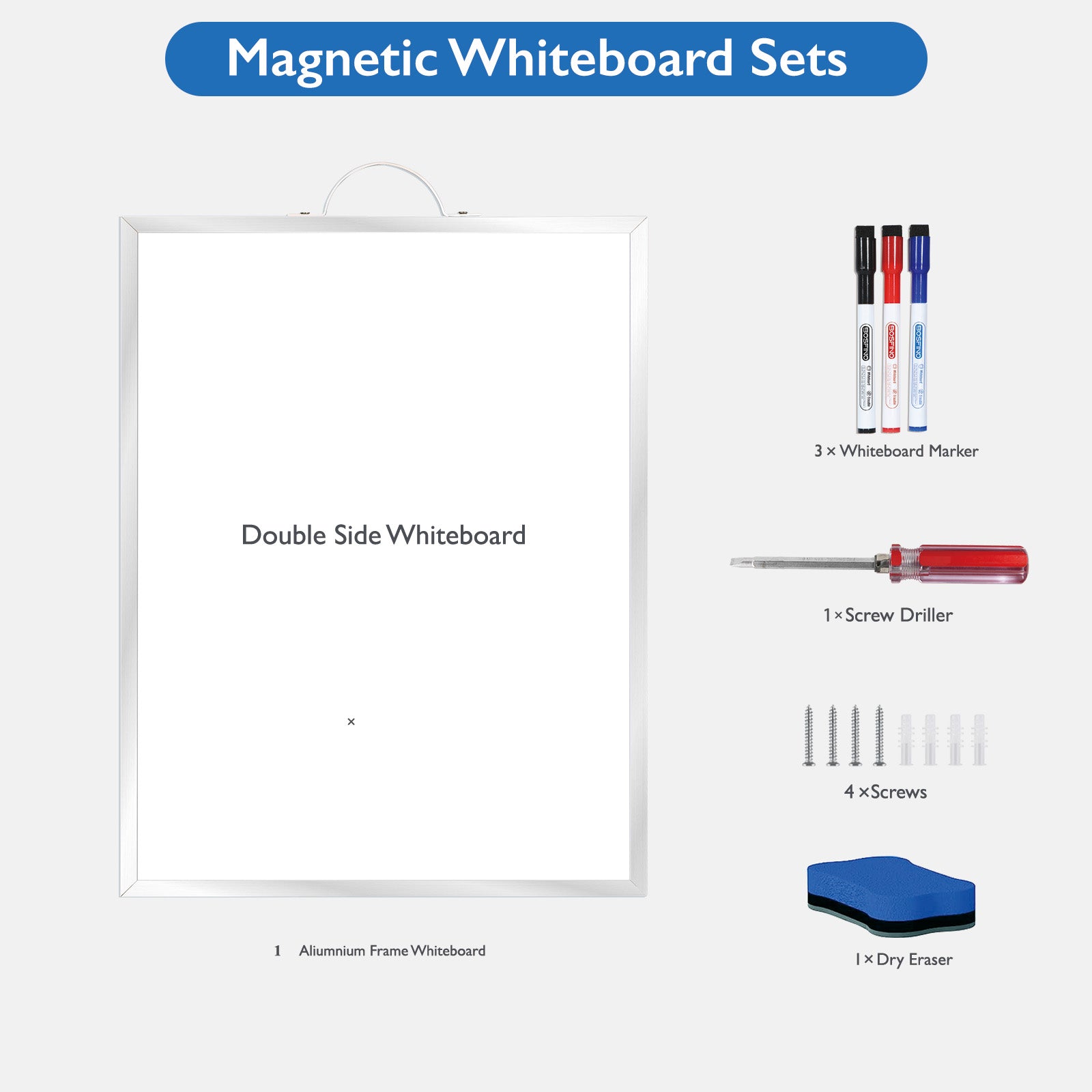 BOSFINO Double-Sided Magnetic Dry Erase Board with a Handle, Silver Aluminum Framed Whiteboard, Portable whiteboard for to Do List, Drawing, School, Home, Office (30cm x 40cm, Silver)