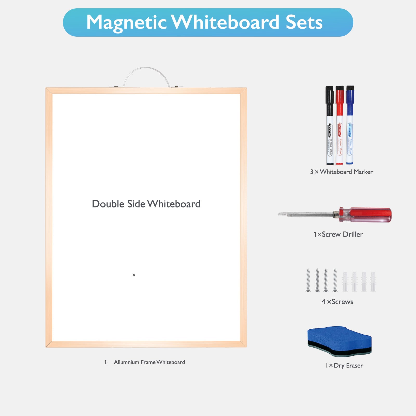 BOSFINO Double-Sided Magnetic Dry Erase Board with a Handle, Gold Aluminum Framed Whiteboard, Portable whiteboard for to Do List, Drawing, School, Home, Office (30cm x 40cm, Gold)