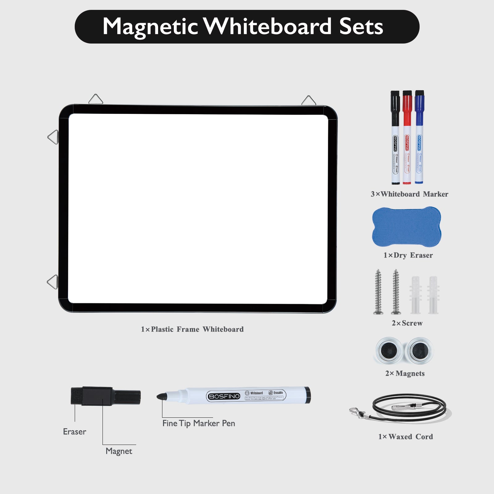 BOSFINO Dry Erase Whiteboard, A3 Size Magnetic White Board with 8 Marker, (40cm x 30cm)