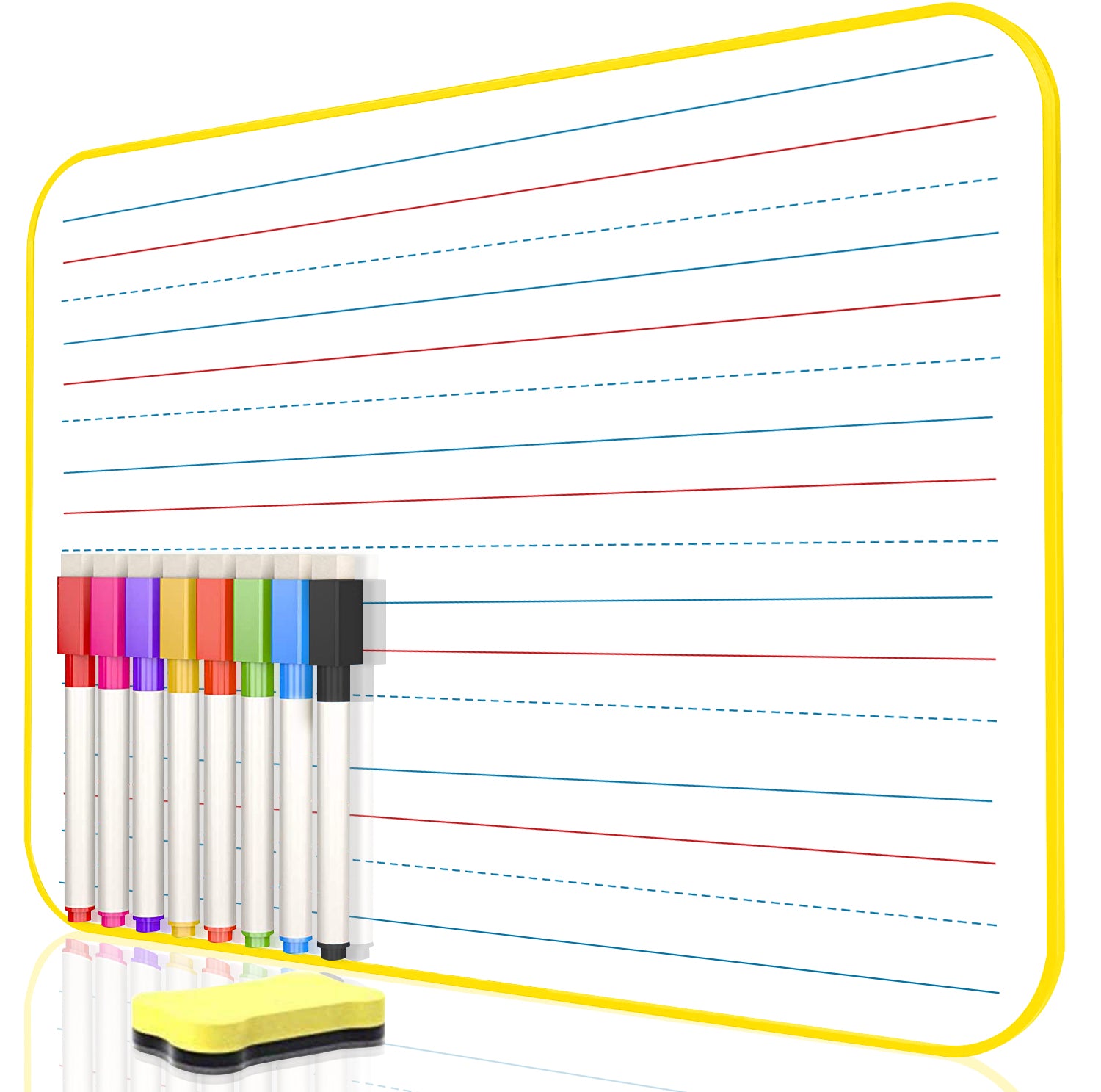 BOSFINO Dry Erase Ruled Whiteboard, A4 Size Lined Double Sided Whiteboard with 8 Color Dry Erase pens and one Eraser