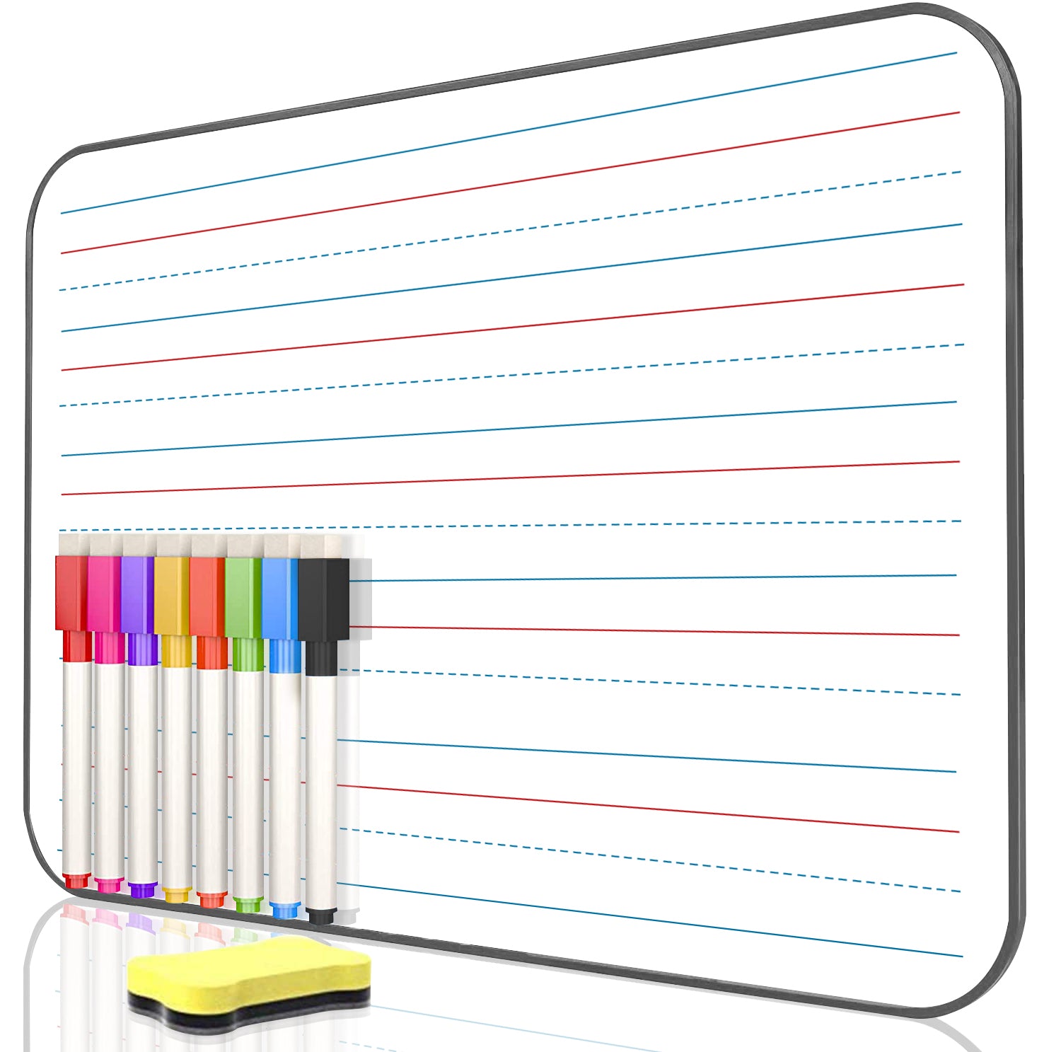 BOSFINO Dry Erase Ruled Whiteboard, A4 Size Lined Double Sided Whiteboard with 8 Color Dry Erase pens and one Eraser