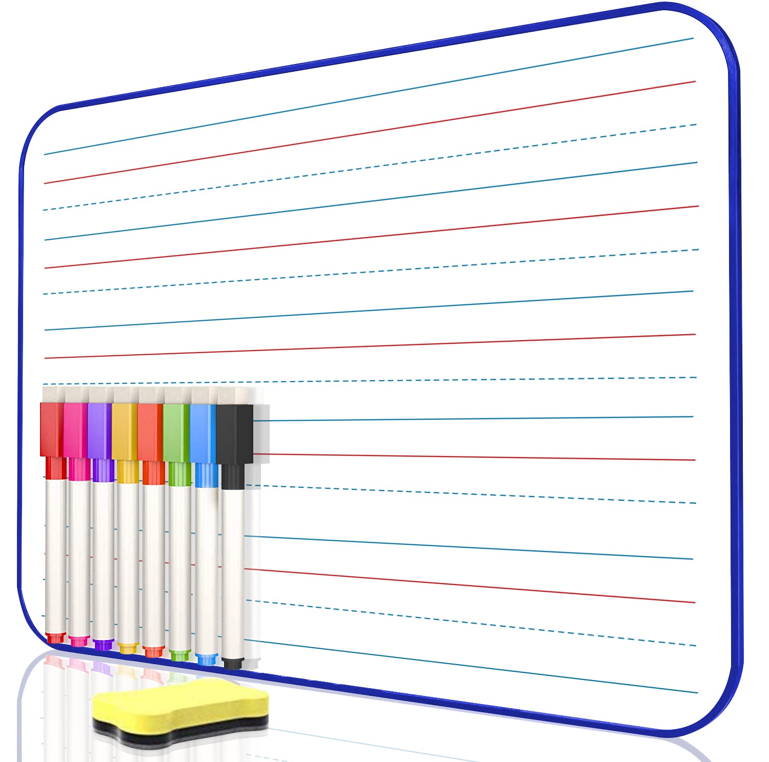 BOSFINO Dry Erase Ruled Whiteboard, A4 Size Lined Double Sided Whiteboard with 8 Color Dry Erase pens and one Eraser