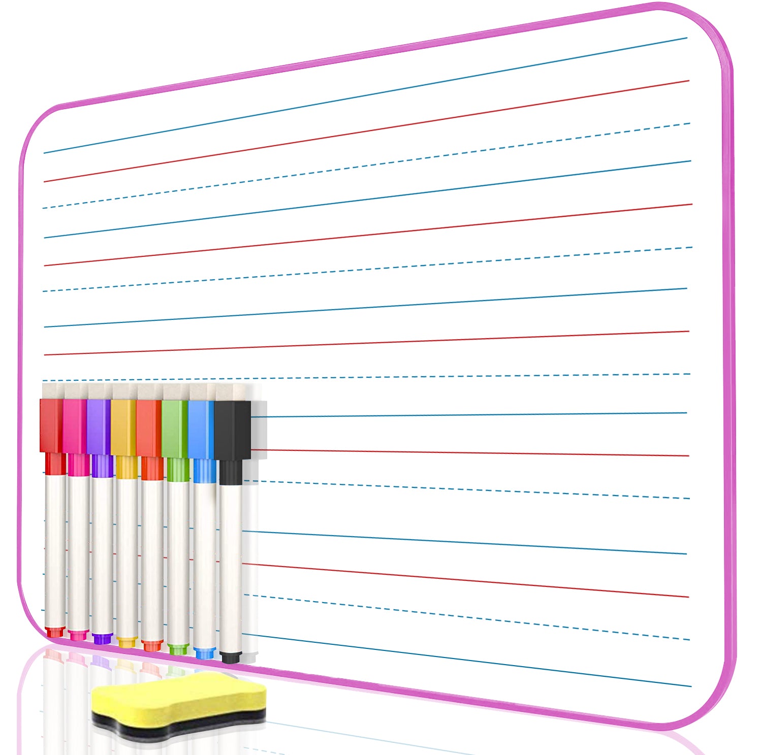 BOSFINO Dry Erase Ruled Whiteboard, A4 Size Lined Double Sided Whiteboard with 8 Color Dry Erase pens and one Eraser