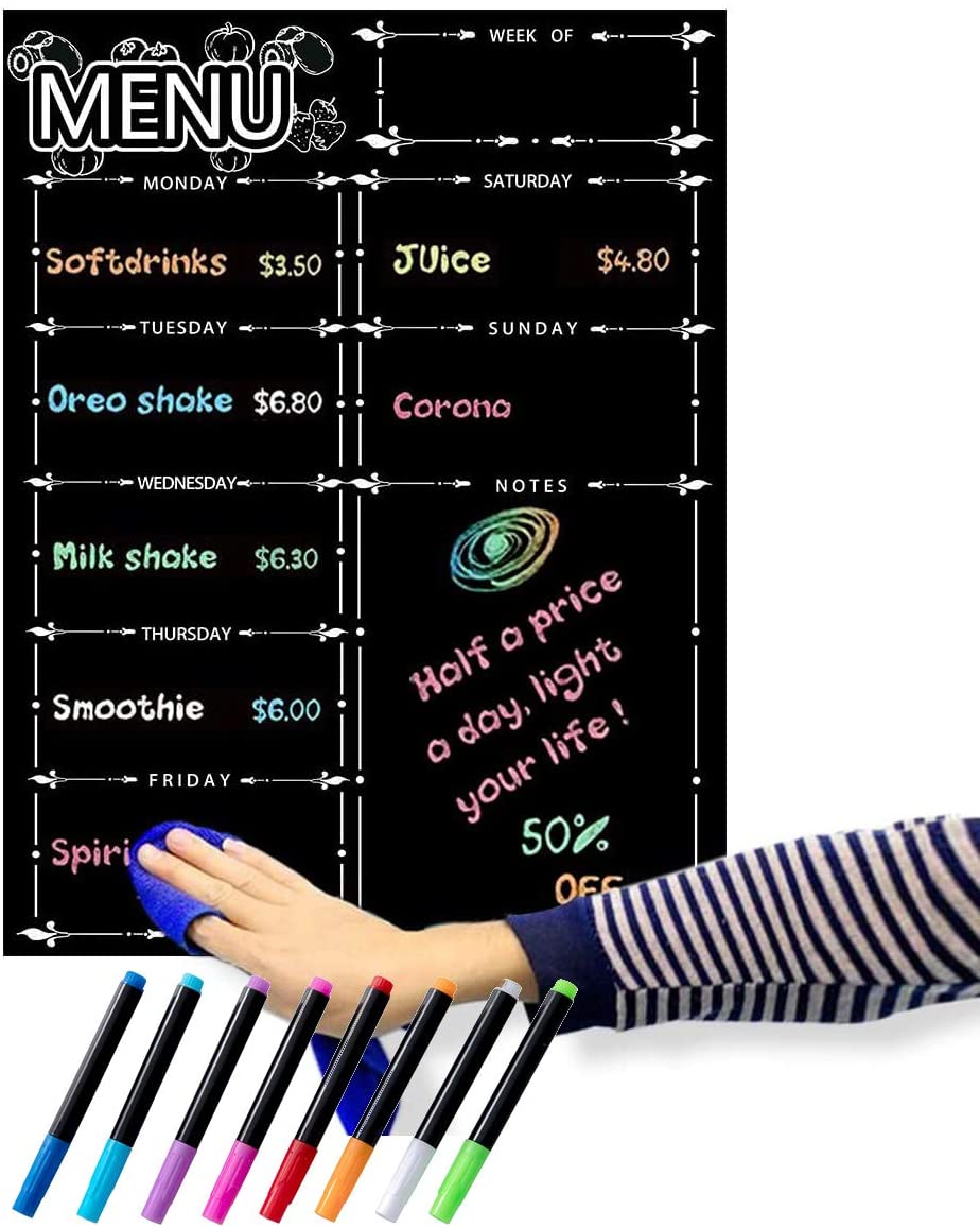 Fridge Dry Erase Board Calendar, BOSFINO Magnetic Refrigerator Dry Eraser Weekly Menu Meal Planner Family Calendar Organiser 16" x 12" Weekly Menu Planner with Grocery List and Notes (Black)